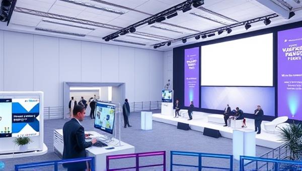 An artistic rendering of a virtual event space with interactive booths, networking areas, and a main stage for presentations, conveying a sense of professionalism and innovation in virtual event hosting.