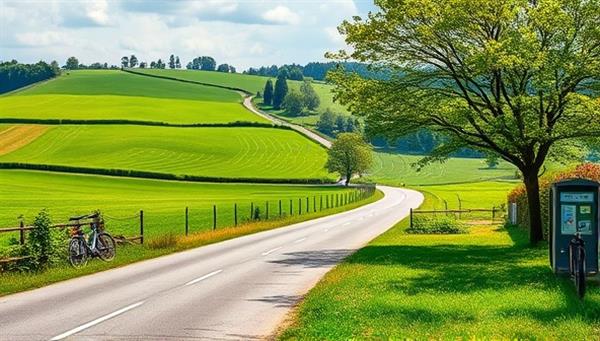 An idyllic rural landscape with lush green fields, a winding road, and a bike-sharing station under a shady tree, inviting viewers to explore the countryside on two wheels and enjoy the beauty of nature.