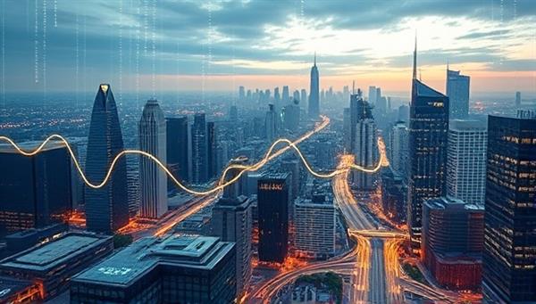 A futuristic cityscape with data streams and digital patterns overlaid, symbolizing the integration of data analytics into government operations for smarter decision-making and improved public services.