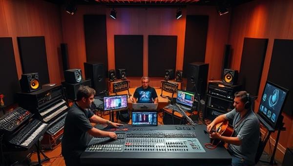 A dynamic digital music studio setup featuring a virtual recording session with producers, musicians, and sound engineers collaborating on a music project, surrounded by mixing boards, studio monitors, and creative instruments, illustrating a professional and collaborative music production environment.