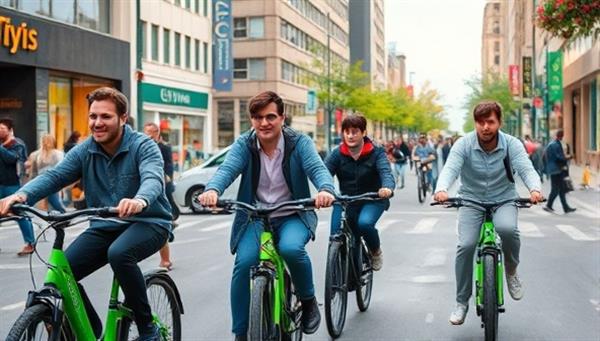 An image of a group of commuters riding electric bikes through a bustling city street, showcasing the convenience and eco-friendly nature of the E-Bike Commute Club subscription service, with vibrant urban scenery in the background.