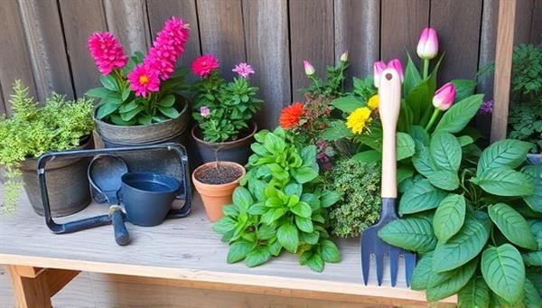 An assortment of lush green plants, gardening tools, and colorful flowers arranged on a rustic wooden table, evoking a sense of serenity and natural beauty in a garden setting.