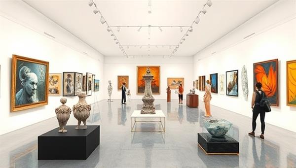 An artistic visual representation of a virtual art gallery exhibition showcasing a diverse collection of artworks, sculptures, and installations in a digital environment, with interactive elements for exploring, learning, and engaging with the art, creating an immersive and educational experience in the ArtVista Tours platform.