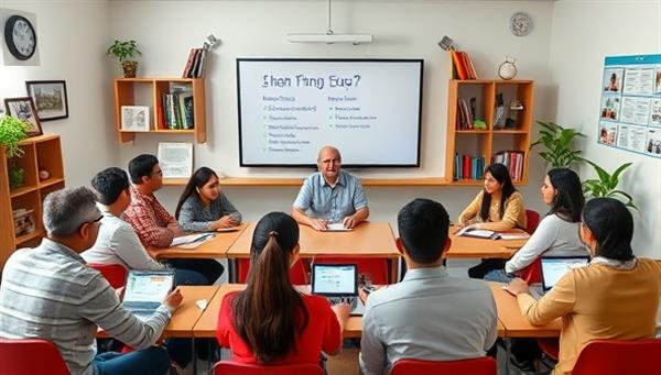 An engaging virtual language classroom environment with diverse students interacting with a language instructor, digital language resources, and cultural artifacts, fostering a dynamic and immersive language learning experience.