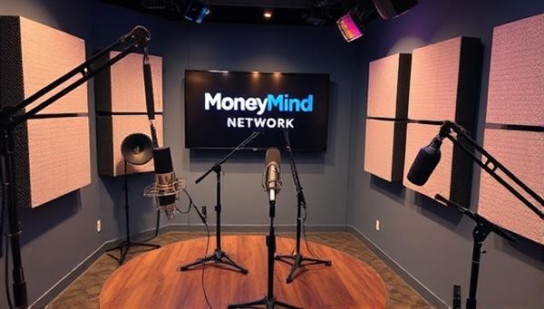 A dynamic and vibrant podcast studio setup with microphones, soundproofing panels, and recording equipment, showcasing a professional and inviting space for hosting insightful conversations and empowering stories on the MoneyMind Network podcasts.