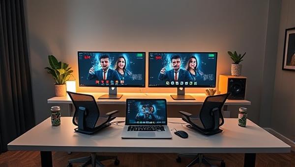 An innovative virtual workspace setup featuring dual monitors, ergonomic office furniture, and personalized productivity tools, creating an efficient and comfortable remote work environment that maximizes focus and performance.