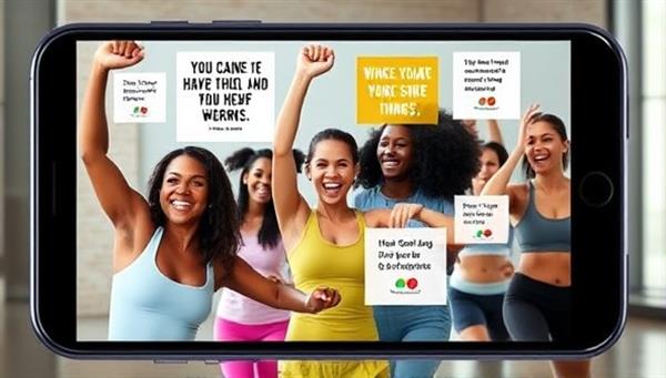 An energetic image showcasing diverse individuals participating in a virtual workout session through the FitConnect Community app, with motivational quotes and fitness trackers displayed on the screen, illustrating the sense of community and empowerment within the health and fitness social networking platform.