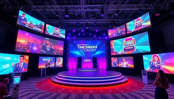 A dynamic and vibrant virtual event setup with digital screens displaying various event themes, a virtual stage, and interactive features, creating an immersive and engaging atmosphere for attendees.