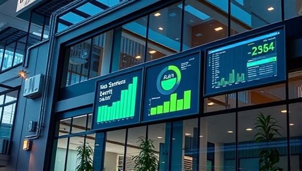 An office building equipped with IoT sensors and smart energy management devices, displaying real-time energy consumption data on digital screens, with a focus on energy efficiency and sustainability, representing the innovative solutions provided by EnerGize SmartTech.