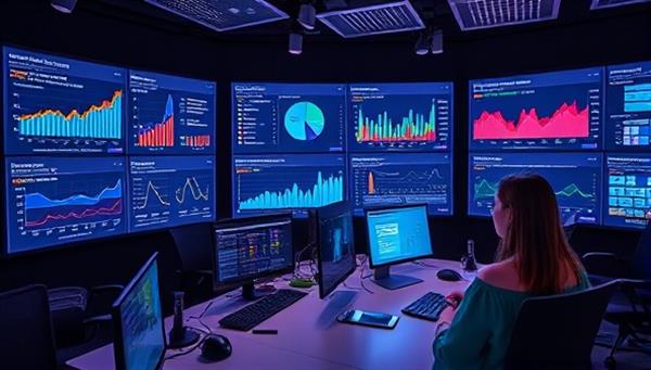 A digital marketing command center with AI-powered analytics dashboards, real-time data visualizations, and a team of marketing analysts reviewing campaign performance metrics, showcasing the cutting-edge technology and data-driven approach of AI marketing analytics consultancy.