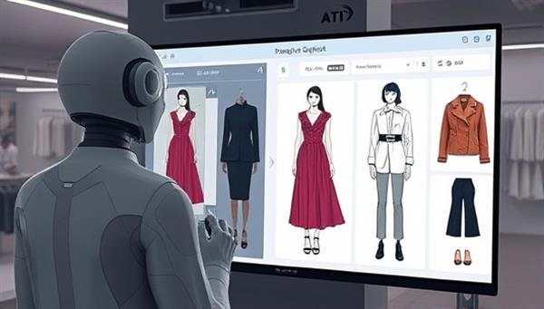 An artistic visualization of an AI stylist creating personalized outfit combinations on a digital wardrobe interface, with virtual try-on features and style recommendations tailored to the user