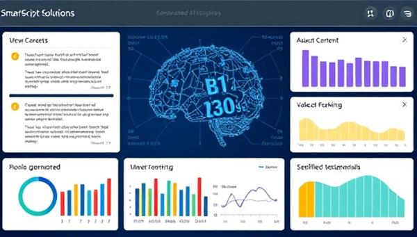 An AI interface displaying various content formats being generated in real-time, with colorful graphs showing performance metrics and satisfied client testimonials, illustrating the efficiency and innovation of SmartScript Solutions.