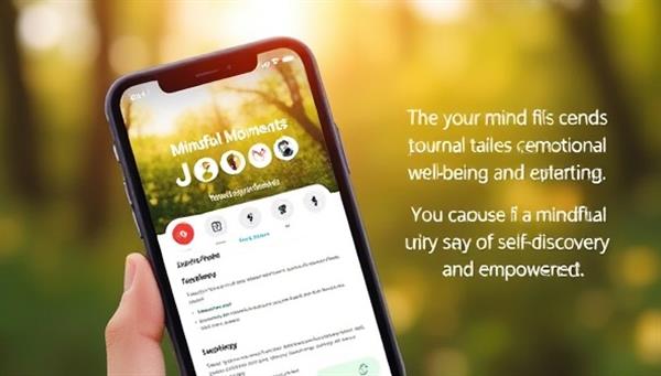 An artistic representation of the Mindful Moments Journal app interface on a smartphone screen, featuring a serene nature background, mood tracker icons, and journaling prompts tailored to emotional well-being and self-reflection, inviting users to embark on a mindful journey of self-discovery and empowerment.
