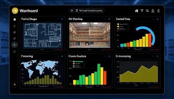 An illustration of a digital dashboard displaying warehouse layout designs, inventory tracking systems, and efficiency metrics, symbolizing the virtual solutions offered by Warehouse Wizardry.