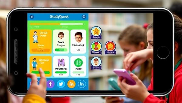 A colorful and interactive app interface displaying gamified educational challenges, progress bars, and achievement badges, with a diverse group of students using the app on their smartphones and tablets, showcasing the fun and educational aspects of StudyQuest.