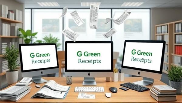 An artistic representation of a paperless office environment with digital devices displaying the GreenReceipts platform, showcasing a clutter-free workspace with virtual receipts floating in the digital space, symbolizing the shift towards eco-friendly accounting practices.