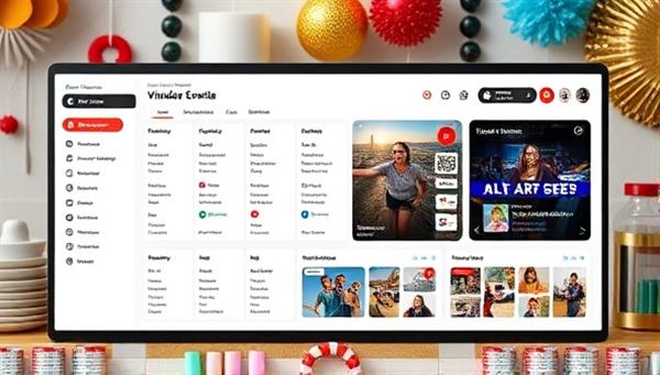 An online event dashboard displaying a virtual event schedule, vendor contacts, and event themes, with a background of festive decorations and party supplies, showcasing the virtual event planning service in a dynamic and celebratory setting.