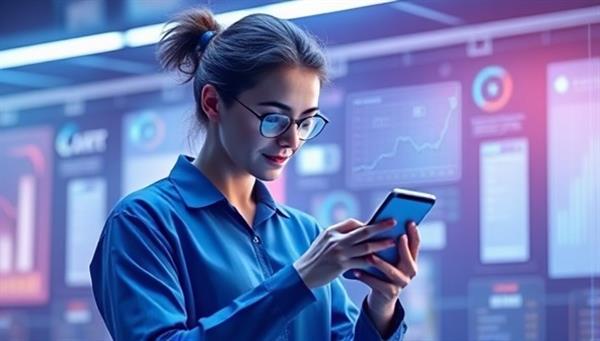 An engaging and futuristic visualization of a virtual assistant interacting with a user on a mobile device, displaying graphs and financial data, with a seamless and intuitive user interface that simplifies money management tasks.