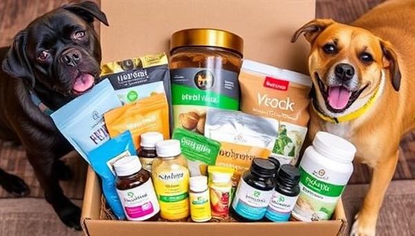 An array of colorful and enticing pet health products, treats, and supplements neatly arranged in a subscription box, surrounded by happy pets enjoying the contents, showcasing the variety and quality of offerings in the HealthyPet Crates service.
