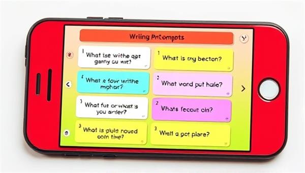A colorful and interactive mobile screen displaying various writing prompts like "Write a story based on this image" or "Create a dialogue between two characters," surrounded by creative illustrations and a chat bubble symbolizing community interaction and inspiration.