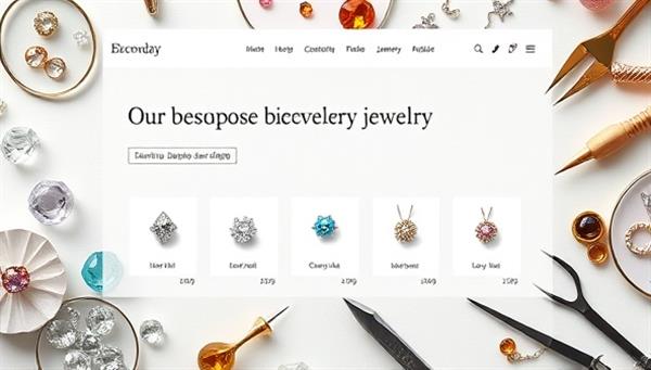 An elegant digital platform showcasing a range of customizable jewelry designs, surrounded by luxurious gemstones and delicate crafting tools, conveying the essence of bespoke jewelry creation offered by the business.