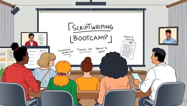 A digital illustration of a virtual scriptwriting bootcamp, featuring a diverse group of participants collaborating on scripts through video conferencing, sharing ideas on a virtual whiteboard, and receiving feedback from industry experts, capturing the essence of creativity and collaboration in script development.