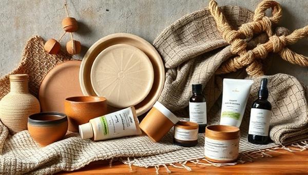 An artistic flat lay arrangement showcasing handmade pottery, woven textiles, and botanical skincare products, set against a rustic backdrop with natural lighting, embodying the essence of artisanal craftsmanship and creativity.
