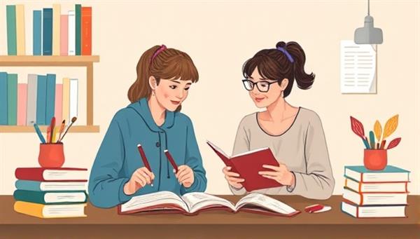 An artistic digital illustration of a mentor and mentee engaging in a virtual writing session, with books, journals, and writing tools surrounding them, symbolizing the guidance and support provided through the online writing mentorship marketplace.