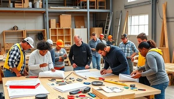 A workshop setting with diverse participants engaged in hands-on construction activities, surrounded by tools, blueprints, safety gear, and materials, showcasing a collaborative and skill-building environment that encourages learning and creativity in construction trades.