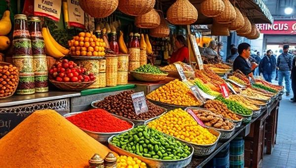 An appetizing image featuring a vibrant food market scene with colorful spices, exotic fruits, and local delicacies displayed on stalls, evoking the sensory richness and cultural diversity of culinary experiences awaiting travelers through FlavorQuest Journeys.