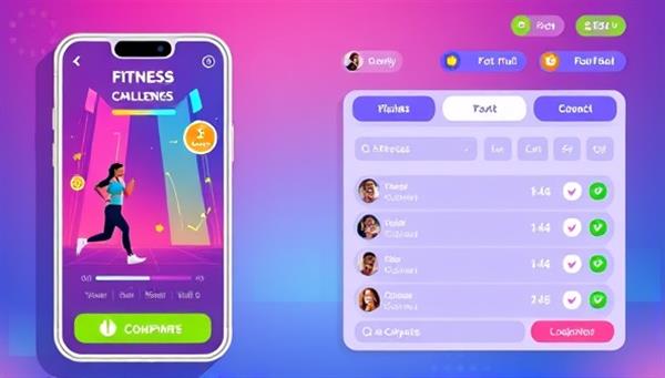 An image of a fitness-themed gaming app screen with colorful graphics, interactive fitness challenges, and a leaderboard showing users