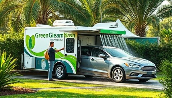 An artistic representation of a mobile car wash unit equipped with eco-friendly cleaning products and water-saving technologies, surrounded by lush greenery and a clean car being washed, emphasizing the sustainable and nature-friendly approach of GreenGleam Wash