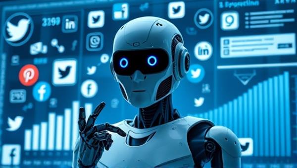 An AI-powered robot brainstorming and creating social media posts on a futuristic digital screen, surrounded by social media icons and engagement metrics, illustrating efficiency and innovation.