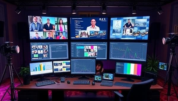 A virtual event control center setup with screens displaying live streams, chat interactions, and event schedules, surrounded by event props and decorations, creating a dynamic and exciting virtual event planning atmosphere.