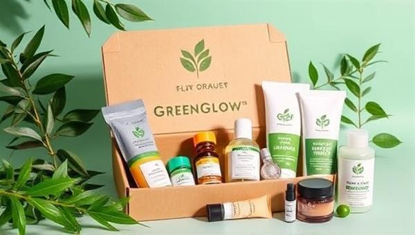 A visually appealing and eco-friendly beauty subscription box featuring natural, biodegradable packaging and an assortment of organic beauty products, highlighting the sustainability and luxury of the GreenGlow Box.