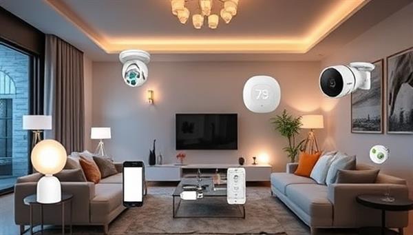 A modern living room setting with various smart home devices seamlessly integrated, such as smart lights, thermostats, and security cameras, showcasing the convenience and sophistication of a smart home setup.