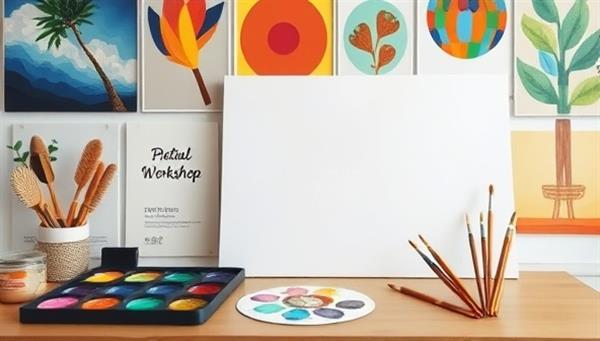 An artistic setup with a colorful palette of paints, paintbrushes, and a blank canvas ready for creation, surrounded by inspirational art pieces and a cozy virtual workshop ambiance, inviting participants to unleash their creativity.