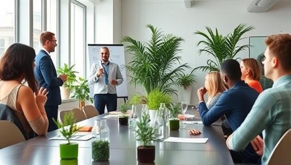 An office setting with a consultant presenting a sustainability report to a diverse group of business professionals in a modern conference room adorned with plants and eco-friendly decor, symbolizing sustainability and progress.