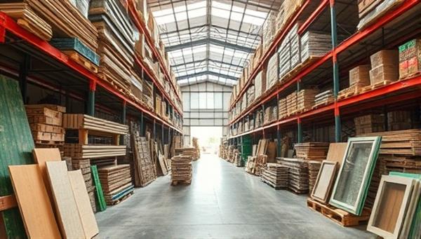 A warehouse stocked with sustainable construction materials such as bamboo flooring, recycled glass countertops, and energy-efficient windows, exuding a commitment to eco-friendly building solutions.