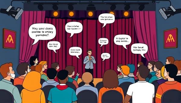 A whimsical illustration of a virtual comedy club stage with a diverse audience of digital avatars enjoying a live stand-up comedy performance, with speech bubbles showing audience reactions and laughter, capturing the fun and interactive nature of the online comedy club experience.