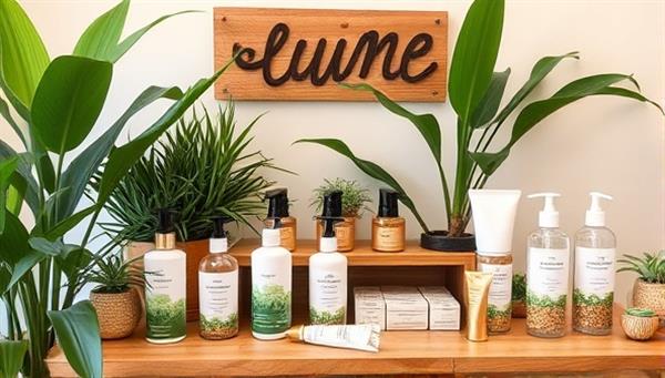 An inviting refill station setup with various beauty product dispensers and eco-friendly packaging options, surrounded by green plants and natural elements.