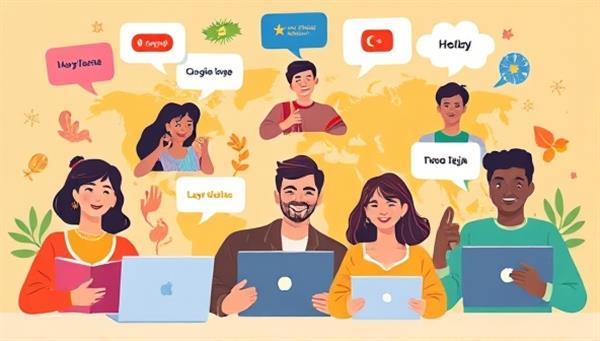 A vibrant digital illustration showcasing diverse individuals engaging in online language exchange sessions, with speech bubbles in different languages and cultural symbols in the background, representing global connectivity and language diversity.