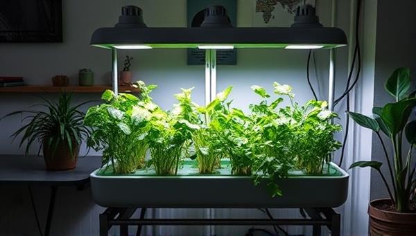 An aesthetically pleasing home setup with a hydroponic system filled with lush greens and herbs, illuminated by grow lights, creating a modern and sustainable indoor farming ambiance that appeals to urban dwellers.