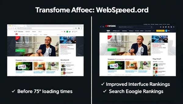 A side-by-side comparison of a website before and after optimization, with the optimized version showing faster loading times, improved user interface, and higher search engine rankings, highlighting the transformative impact of WebSpeed Pro on website performance.