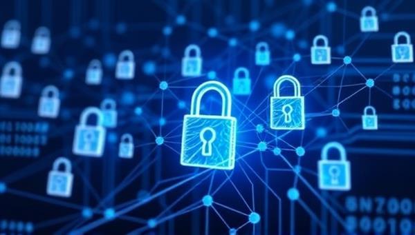 An intricate blockchain network illustration with digital locks and keys securing website design assets, symbolizing the robust and tamper-proof verification process offered by SecureSite Verify for protecting intellectual property in web design.