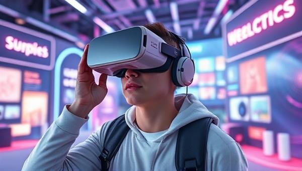 An imaginative depiction of a VR headset user exploring a futuristic branded environment with interactive elements, surrounded by virtual representations of branded products and storytelling elements, capturing the essence of immersive brand experiences in a visually captivating and futuristic style.
