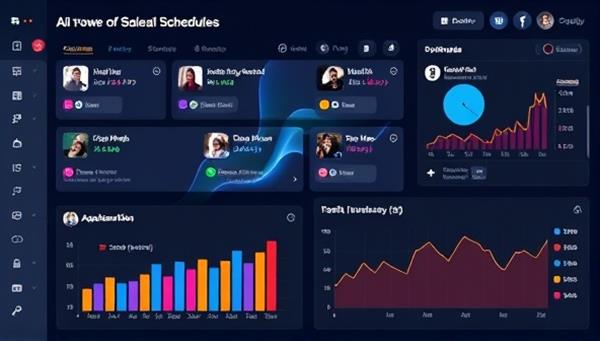 A dynamic digital visualization showing AI-powered social media posts being scheduled and optimized on various platforms, with charts and graphs displaying increased engagement and reach, emphasizing the intelligent automation and data-driven insights of the scheduling tool.