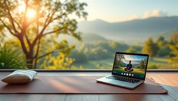 A tranquil virtual retreat setting with a serene backdrop of nature, a yoga mat, meditation cushions, and a laptop displaying a live wellness session, symbolizing peace and relaxation in a virtual space.