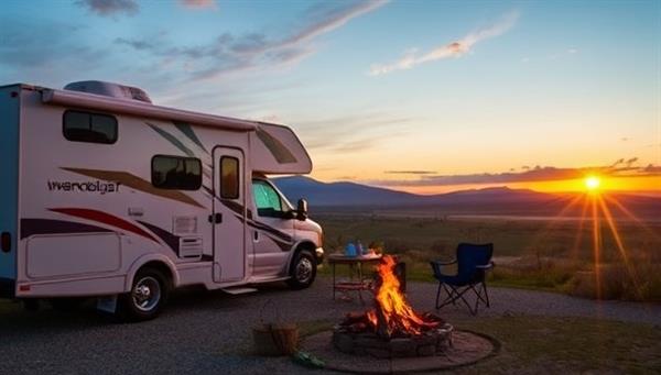 An RV parked in a scenic campground with a campfire, outdoor chairs, and a picturesque sunset in the background, evoking the sense of adventure and relaxation experienced by Wanderlust RV Club members on their travel journeys.