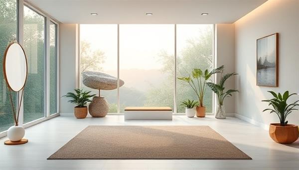 A serene virtual meditation room with calming nature sounds, soft lighting, and relaxing decor elements, inviting users to immerse themselves in a tranquil and mindful meditation experience, promoting mental wellness and emotional balance.